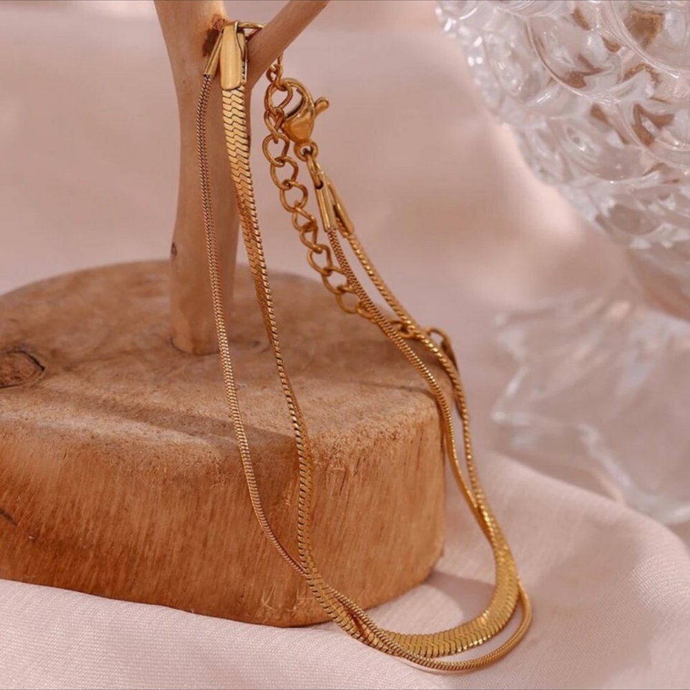 18K GOLD SNAKE CHAIN DOUBLE LAYER BRACELET, NICE BRACELET, CUTE BRACELET - Picture 4 of 5